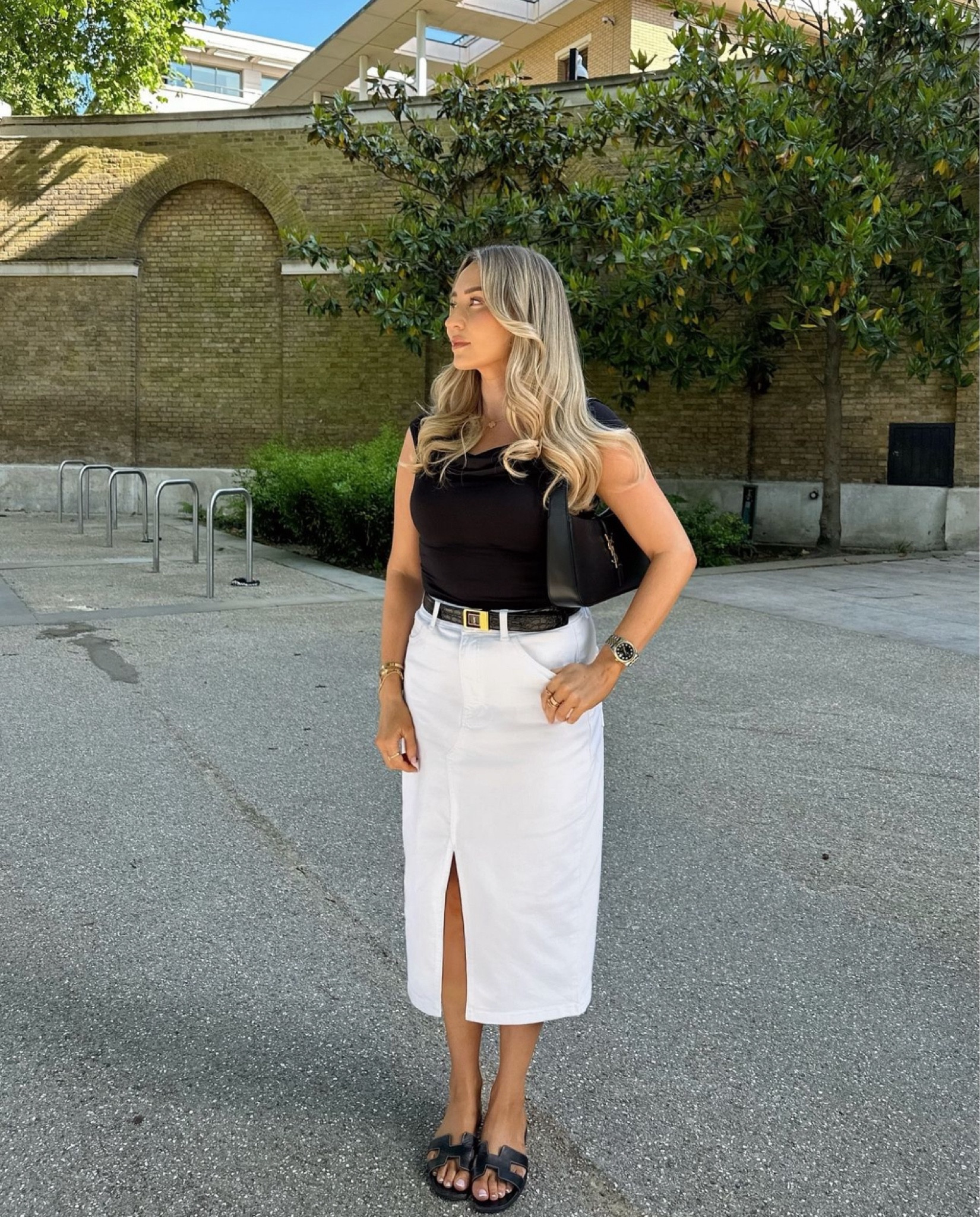 City Look 8 - denim maxi skirts are a great alternative for jeans, and I love a monochrome look 🖤 black satin cowl neck bodysuit with white denim skirt and black YSL accessories 

#LTKsummer #LTKautumn #LTKuk
