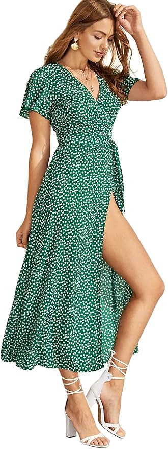 SheIn Women's Polka Dot Split Thigh Wrap Belted Short Sleeve Maxi Dress | Amazon (US)