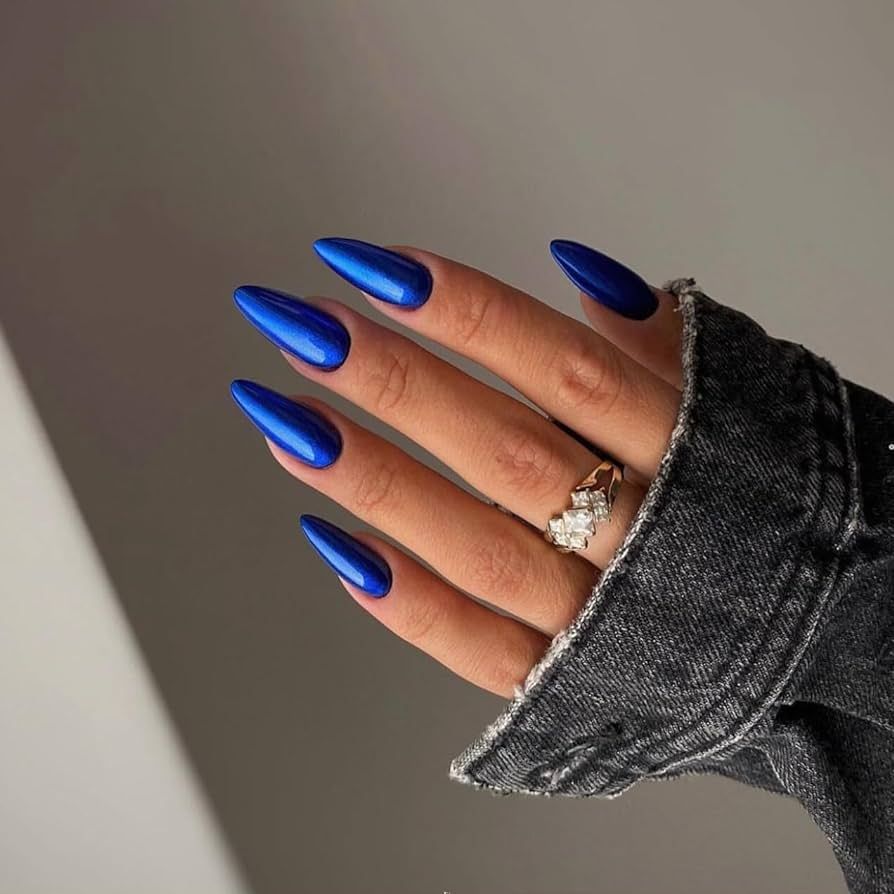 Royal Blue Chrome Press on Nails Medium Almond,KQueenest Mirror Metal Stiletto Fake Acrylic Nails... | Amazon (US)