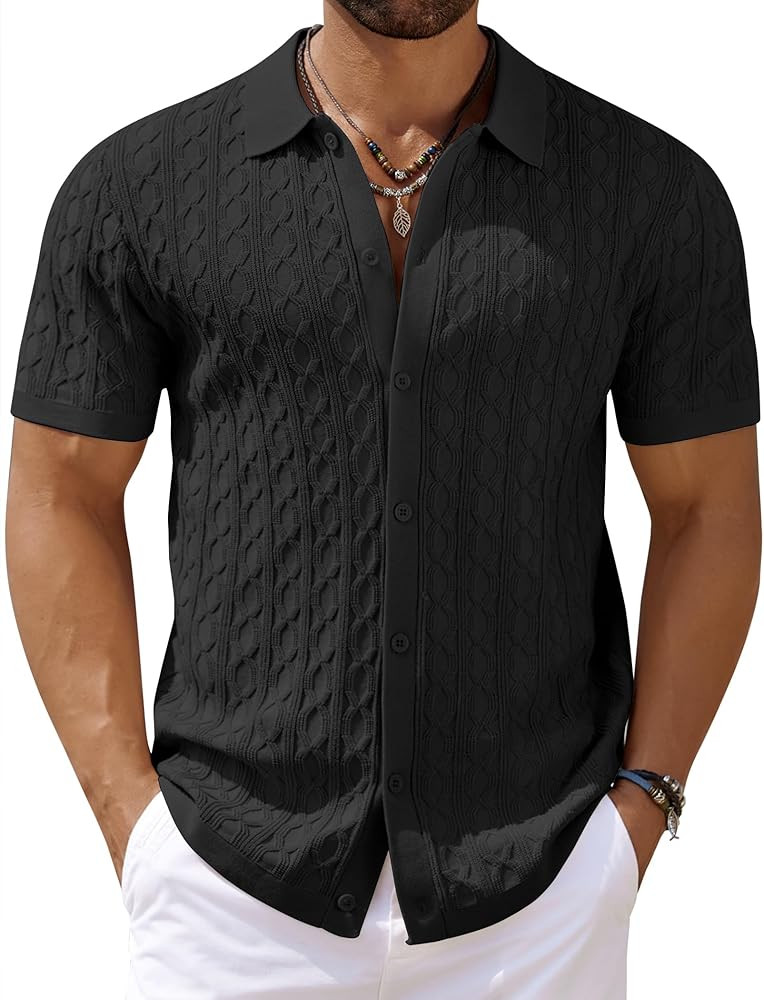 COOFANDY Men's Knit Short Sleeve Shirts Button Down Vintage Knitted Polo Shirt Casual Beach Croch... | Amazon (US)