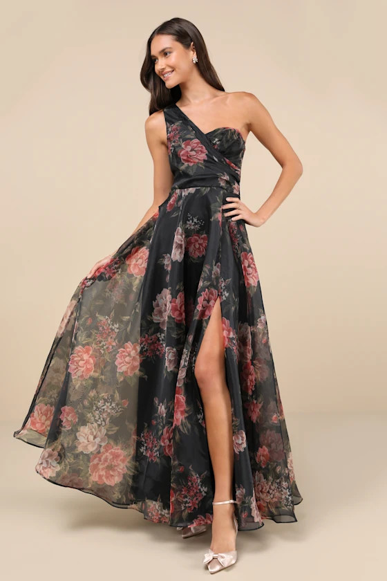 Truly Extraordinary Black Floral Organza One-Shoulder Maxi Dress | Lulus