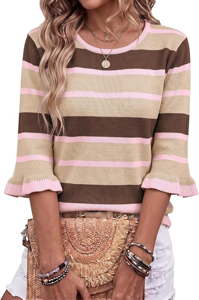 Dokotoo Sweaters for Women Crewneck Striped 3/4 Sleeve Ruffle Lightweight Knit Colorblock Fashion... | Amazon (US)