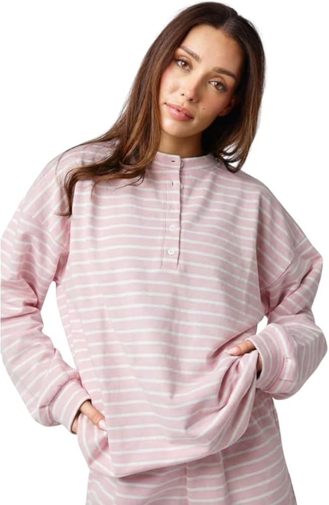 Almere Oversized Cotton Henley Longsleeve Tee, Striped Button Down, Boyfriend Fit | Amazon (US)