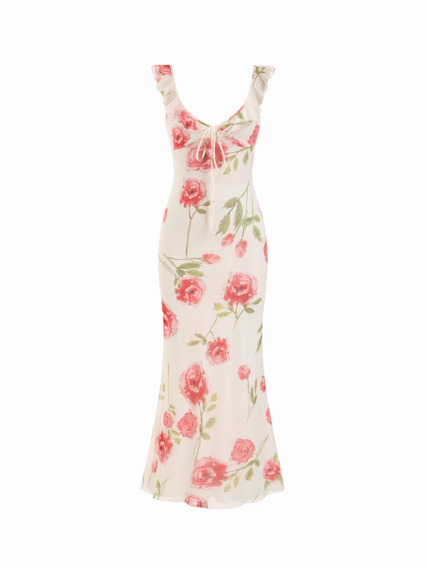 Mesh Floral Graphic V-neck Knotted Mermaid Maxi Dress | Cider