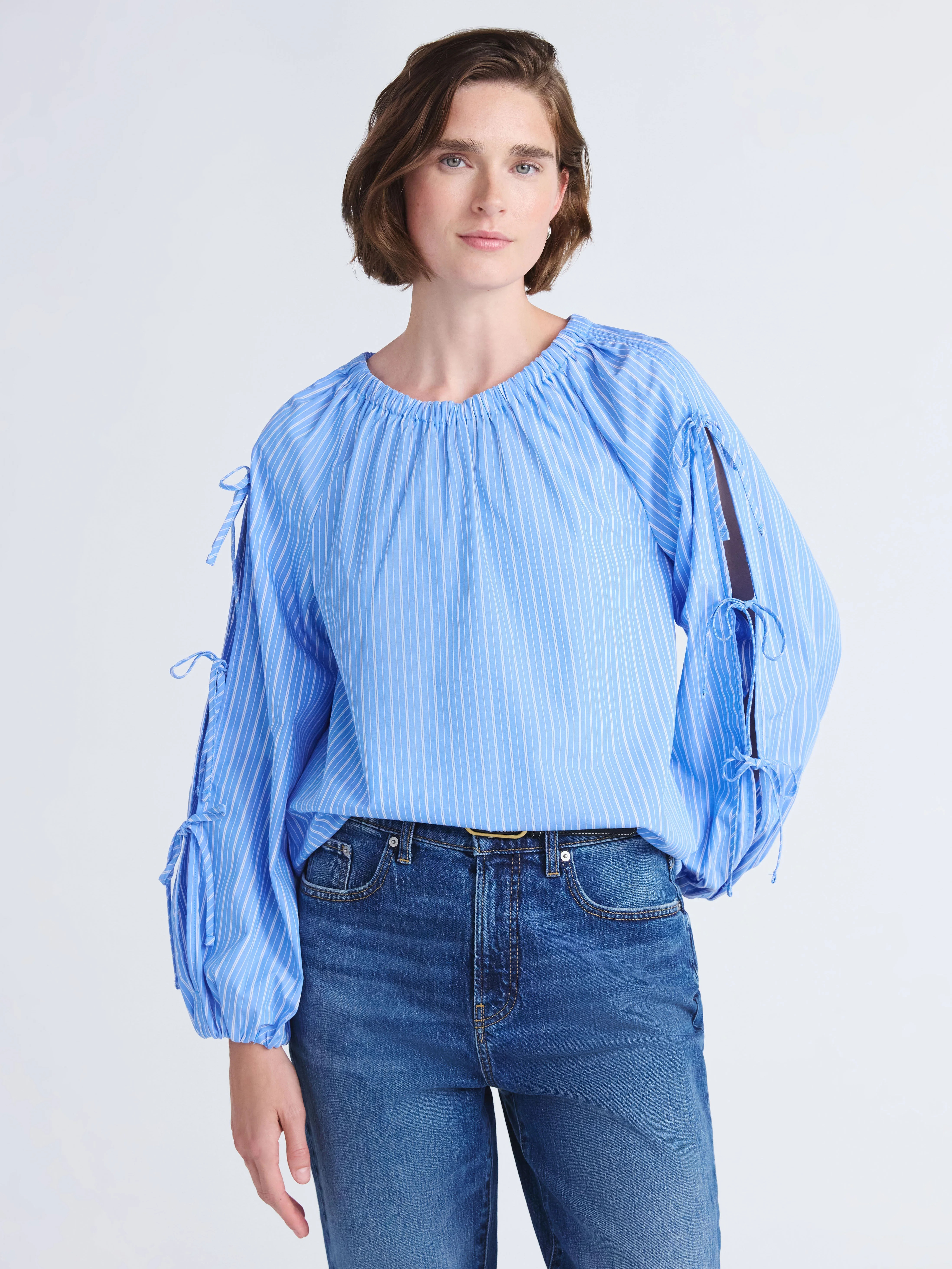 Free Assembly Women's and Women's Plus Gathered Neck Cotton Top with Long Tie Sleeves, Sizes XS-4... | Walmart (US)