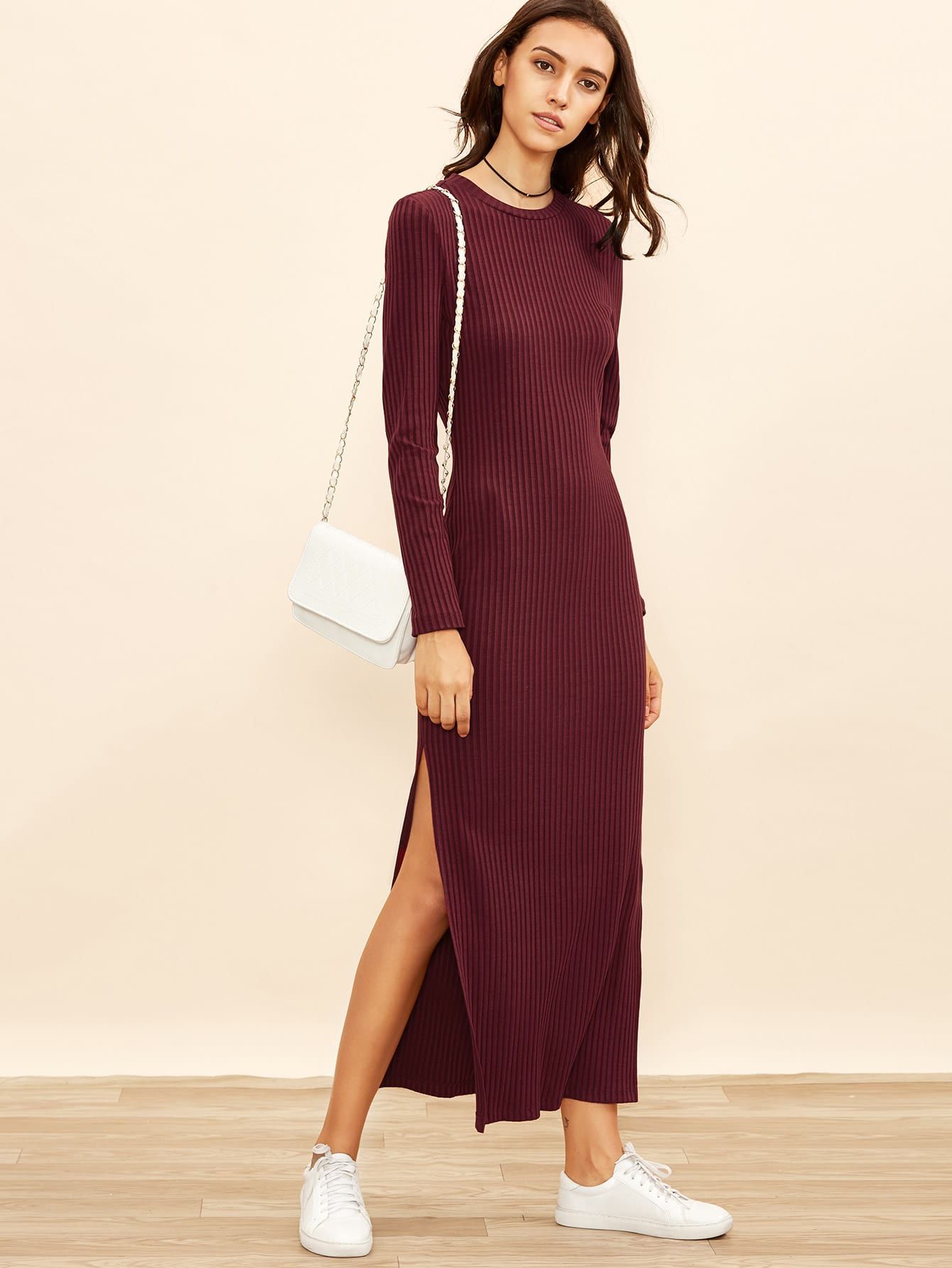 Burgundy Long Sleeve High Slit Ribbed Dress | SHEIN