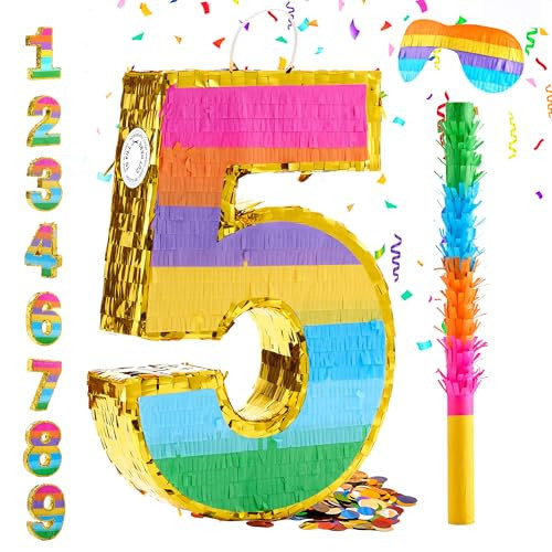 MUWOOB Rainbow Number 5 Pinata for 5th Birthday Party Decorations, Birthday Pinata with Stick Blindfold and Confetti, Kids Anniversary Celebration, Fiesta (Small, 16.5 x 11.5 x 3 In) | Amazon (US)