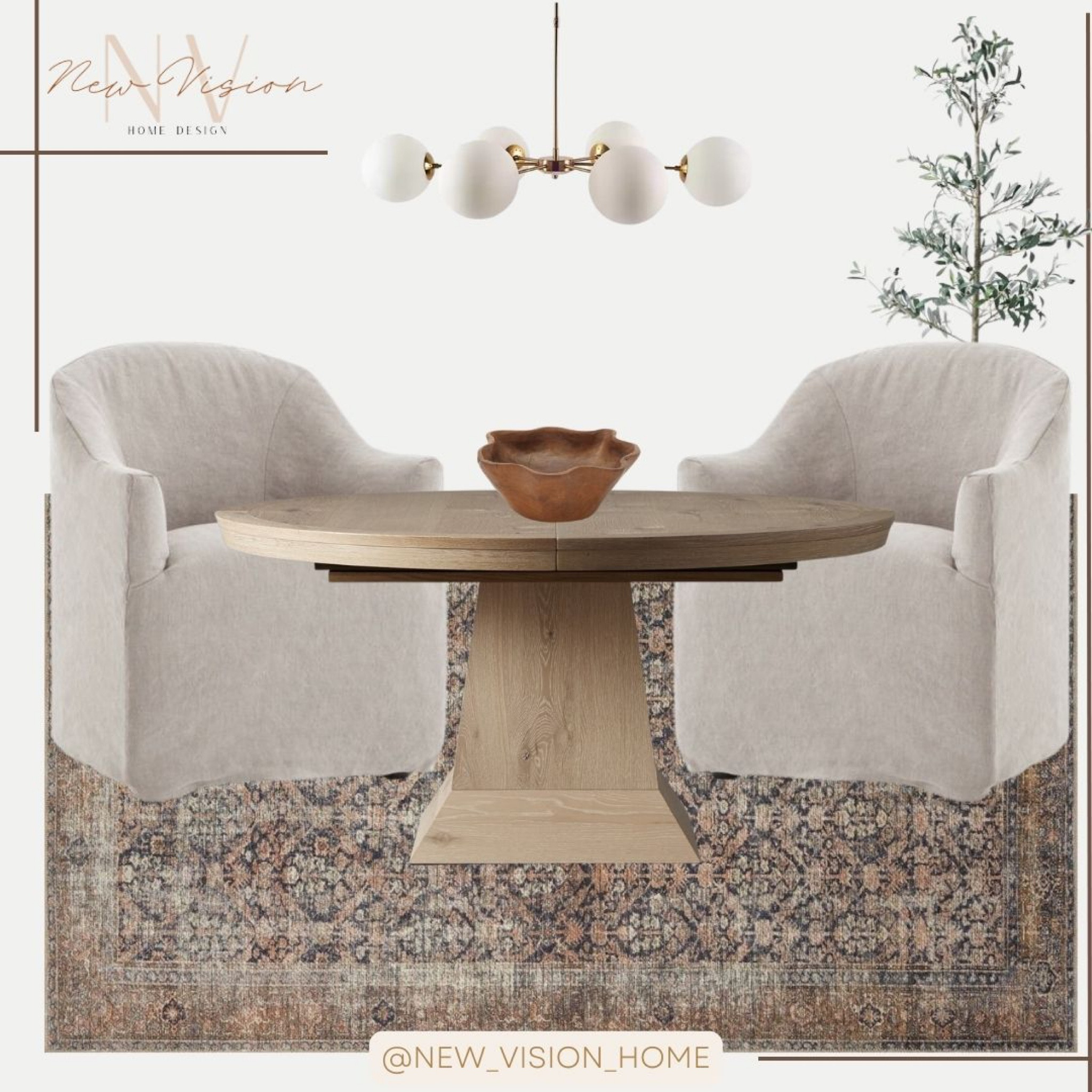 Dining room, breakfast nook, kitchen dining area inspo. 
Neutral design, linen dining chair, chandelier, table lighting, round table, dark wood round table, good chandelier, table decor, vintage style wool rug, white arm chair. Dining chair. Globe chandelier. Scalloped bowl. Faux olive tree    

#diningroom #homedecor #breakfastnook #homeinpo #interiordesign

#LTKhome #LTKstyletip #LTKFind