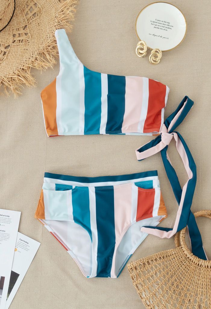 Color Block Stripe Bowknot One-Shoulder Bikini Set | Chicwish