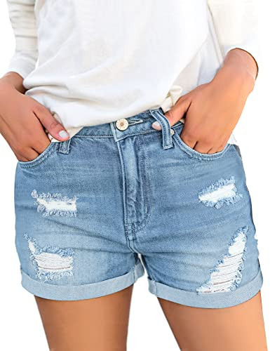 Utyful Women's High-Rise Casual Stretchy Distressed Raw Hem Jeans Wash Denim Shorts Roll Hem-Light Blue-1 X-Large | Amazon (US)