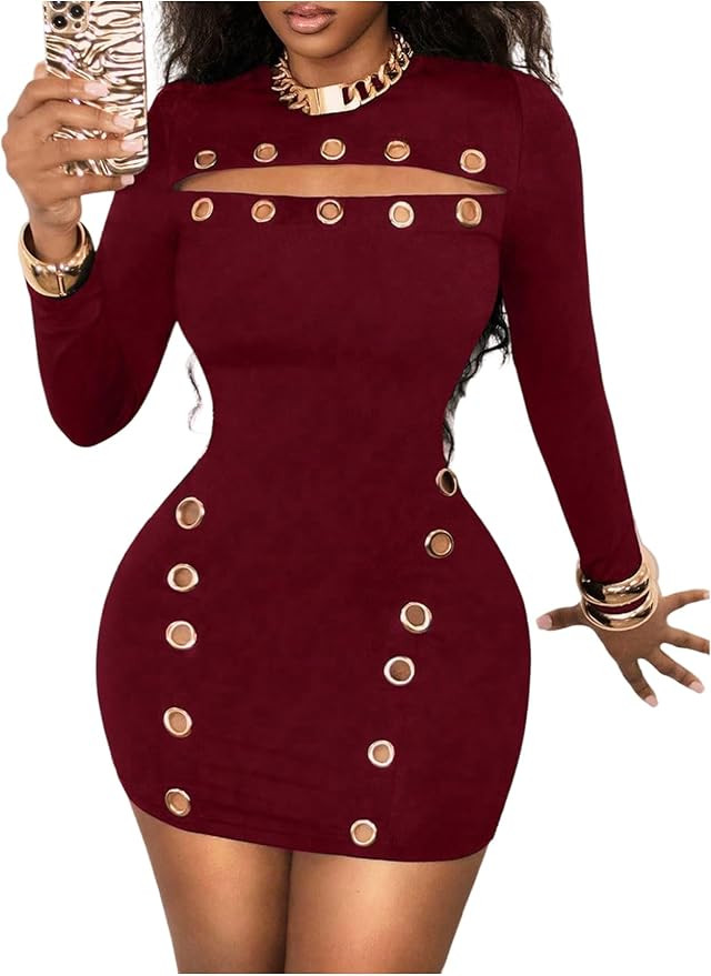 SweatyRocks Women's Cut Out Long Sleeve Bodycon Mini Dress Punk Going Out Dresses | Amazon (US)