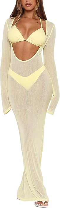3 Piece Swimsuits for Women Sexy Halter Triangle Thong Bikini Sets with Sheer Mesh Beach Cover Up... | Amazon (US)