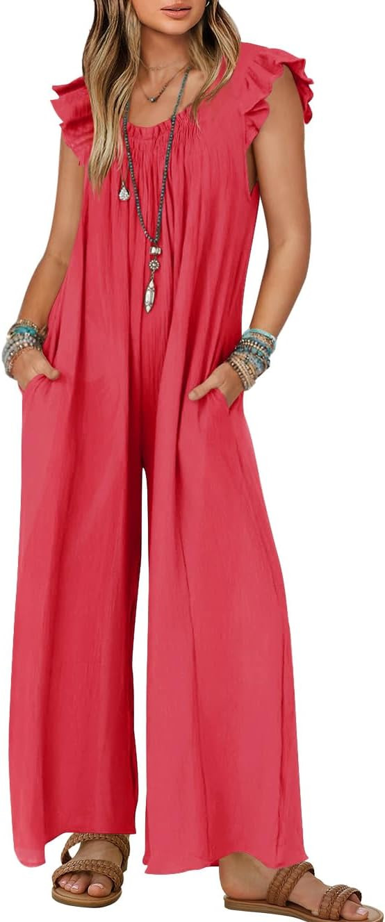 ZESICA Women's 2024 Summer Loose Jumpsuit Casual V Neck Sleeveless Oversized Wide Leg Pant Overal... | Amazon (US)