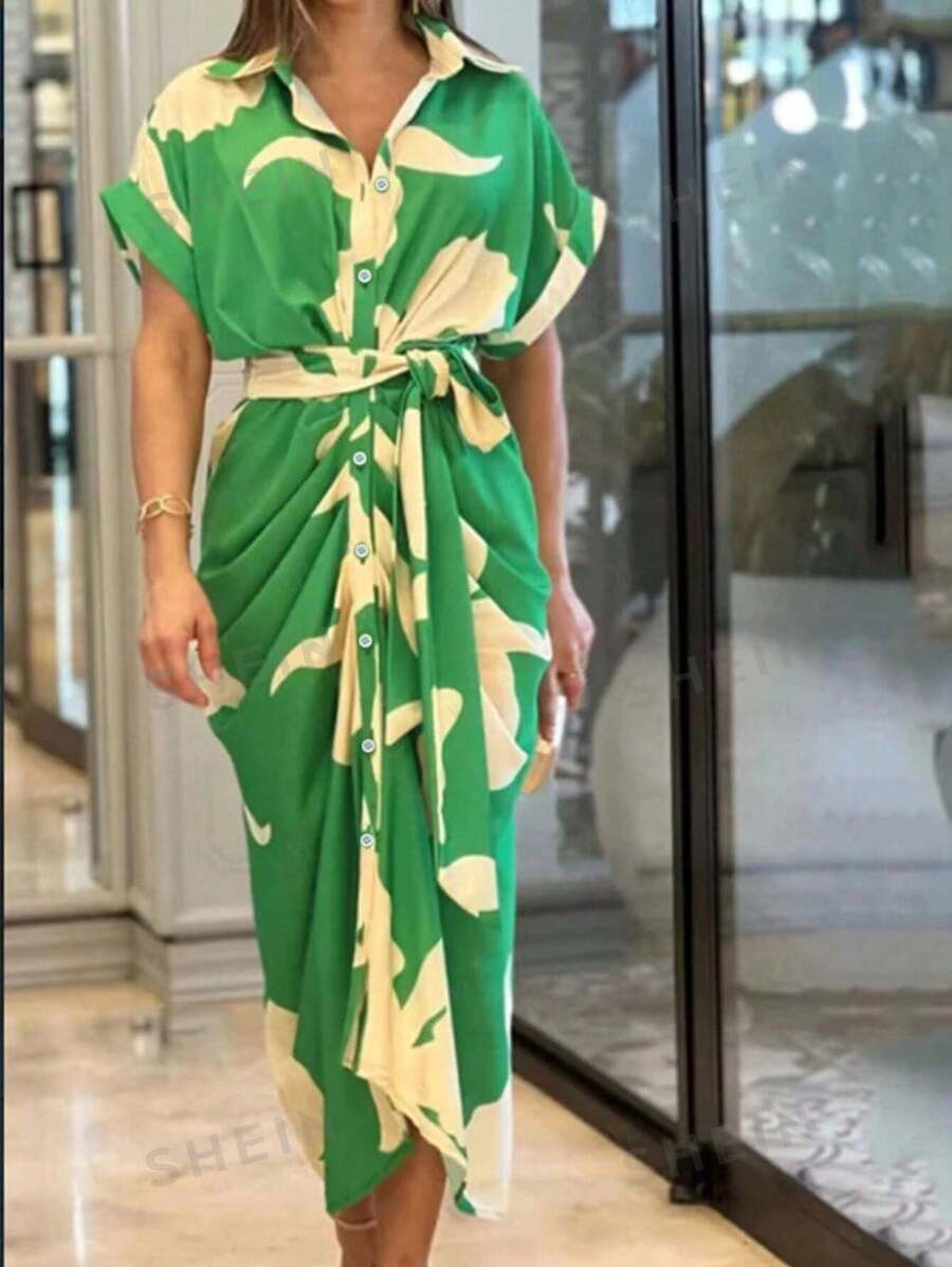 SHEIN VCAY Summer Green Floral Printed Pleated Button Front Dress With Ruffles | SHEIN