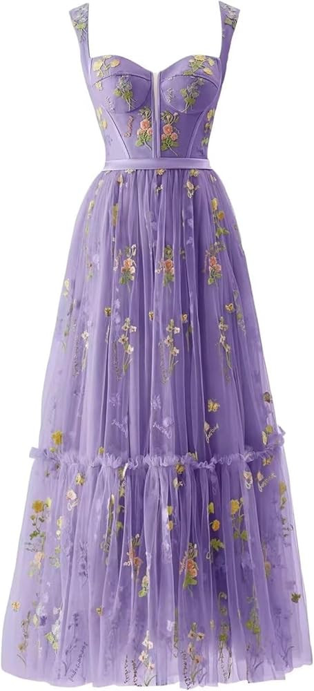 Maxianever Flower Embroidery Prom Dresses for Women Tulle Tea Length Corset A Line Formal Evening... | Amazon (US)