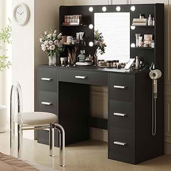 YESHOMY Vanity Desk with Mirror, Power Outlet and 10 Lights, Makeup Table with 7 Drawers, 3 Color... | Amazon (US)