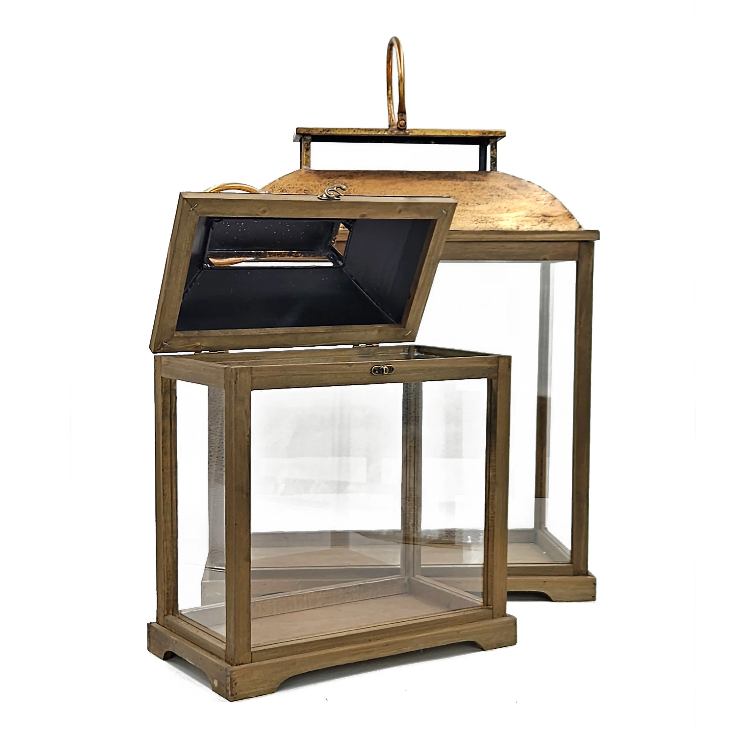 S/2 Brown Wooden Lanterns With Clear Glass Panels And Gold Metal Dome Accents L:19X10.5X22.5" S:14X8X17 | Wayfair North America