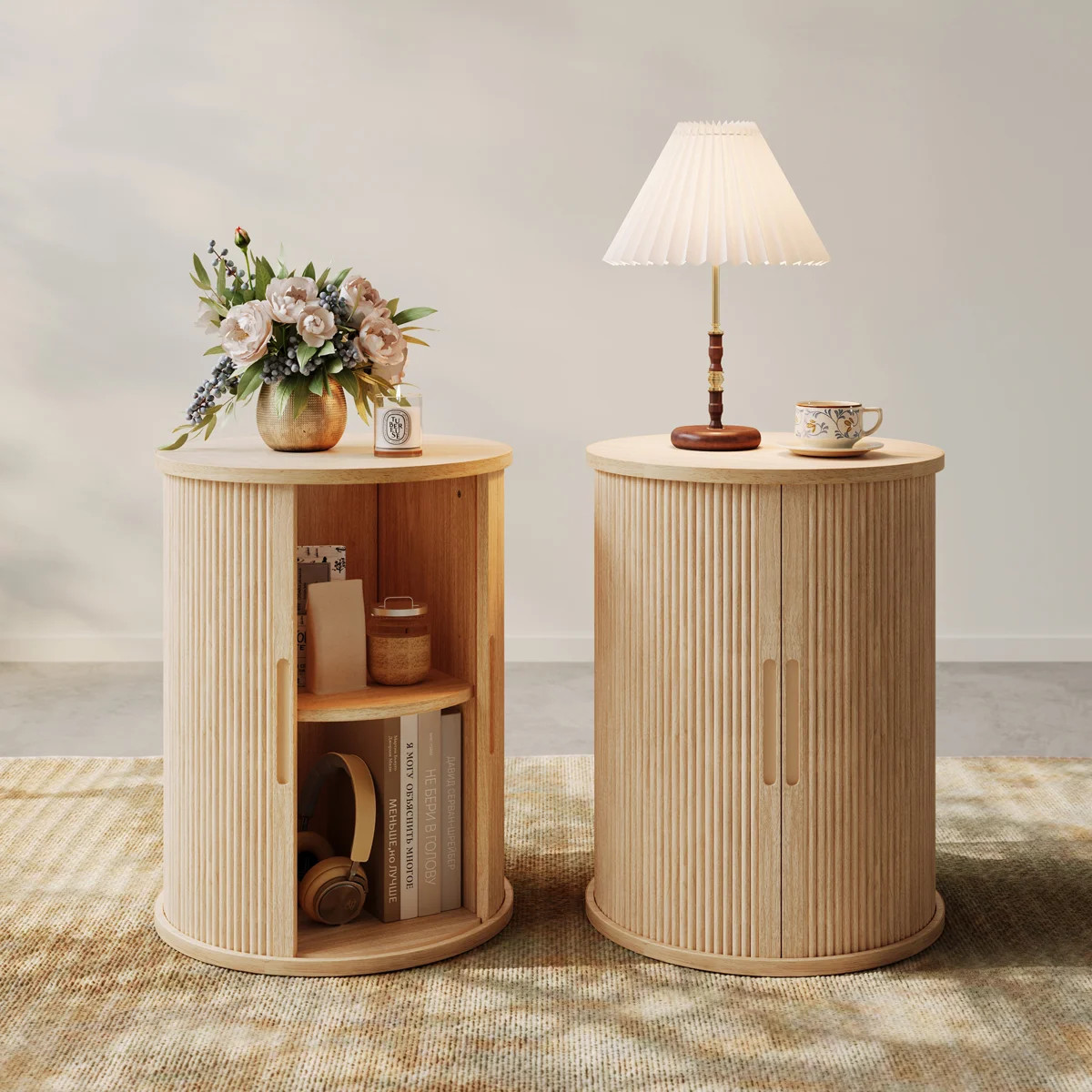 Mosser Round Fluted End Table With Sliding Tambour Door And Storage Shelf (Set Of 2) | Wayfair North America
