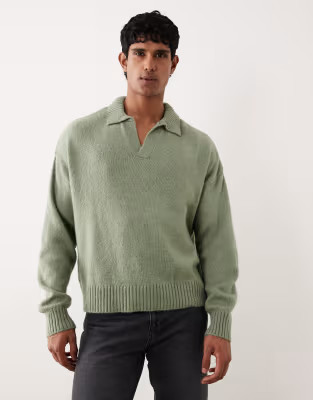 ASOS DESIGN – Gestricktes Super-Oversize-Polohemd in Boxy-Passform in meliertem Salbeigrün mit... | ASOS (Global)
