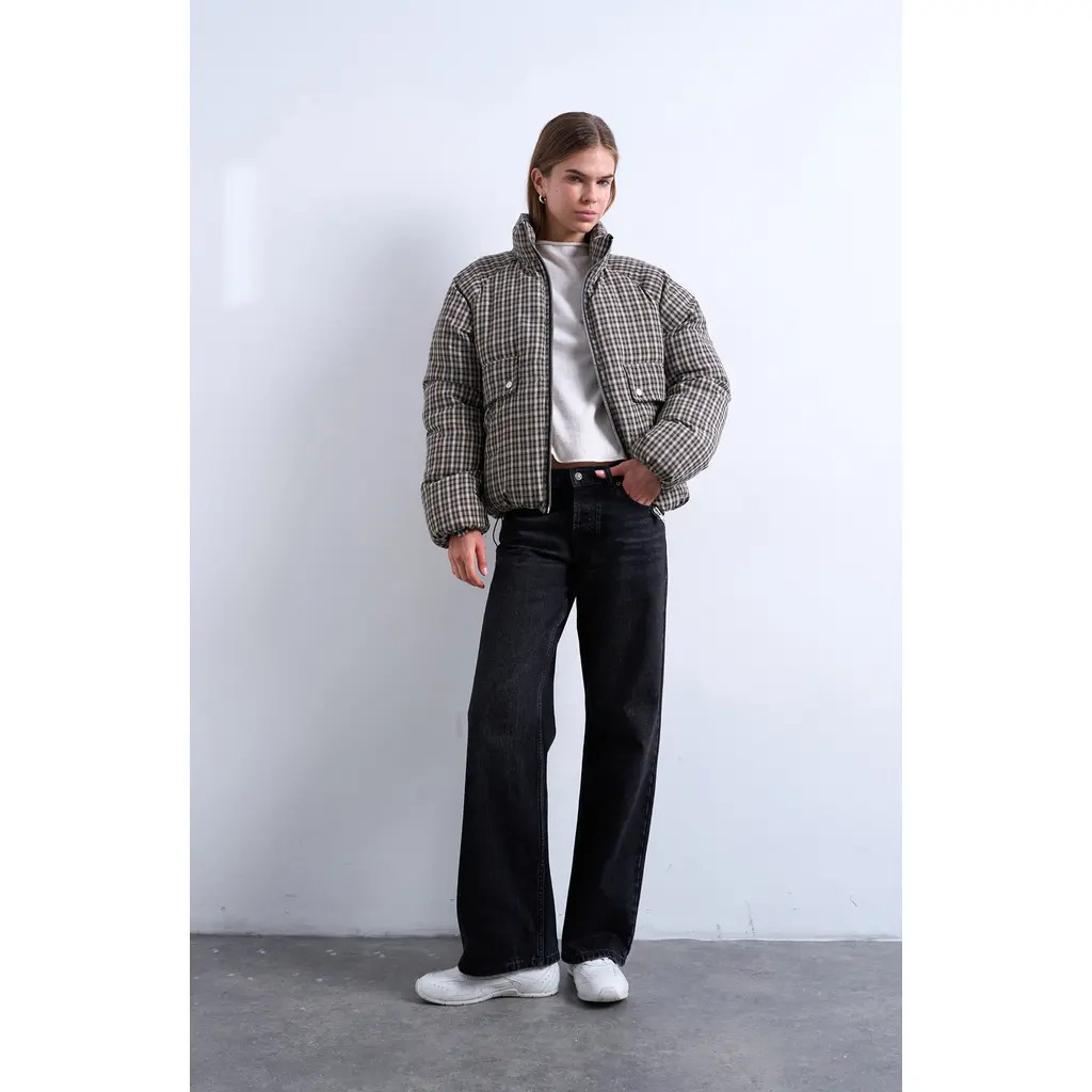 Topshop Micro Check Puffer Bomber Jacket in Black at Nordstrom, Size Small | Nordstrom