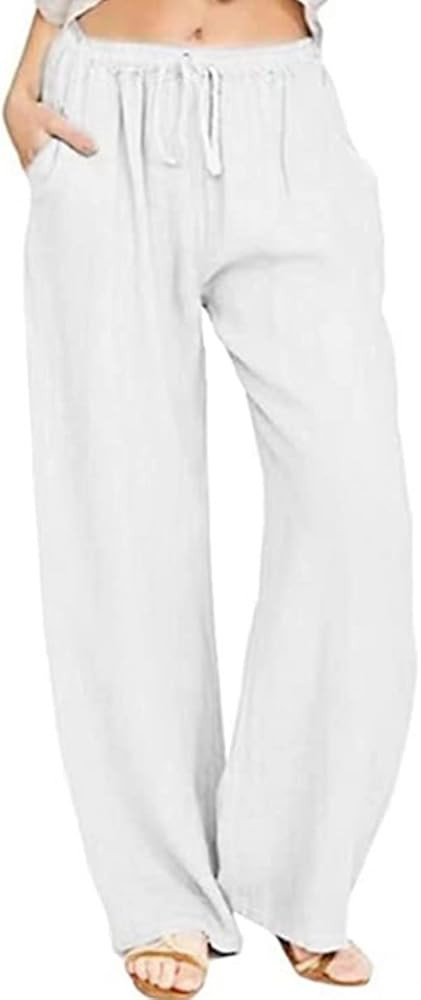 utcoco Women's Cotton Linen Drawstring High Waisted Pants Casual Loose Fit Wide Leg Trousers | Amazon (US)