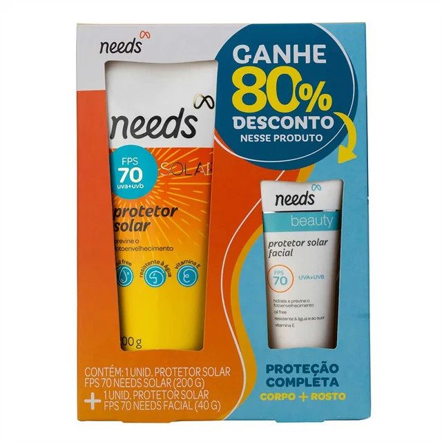 Kit Protetor Solar Needs Solar FPS70 - 200g + Facial FPS 70 - 40g | Drogasil BR