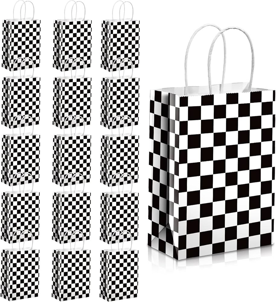 16 Pieces Checkered Racing Treat Bags Race Car Party Favors Bag with Handles Black and White Chec... | Amazon (US)