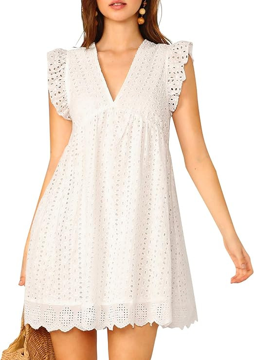 DIDK Women's Boho Ruffle Armhole Sleeveless V Neck Eyelet Embroidery Smock Dress | Amazon (US)
