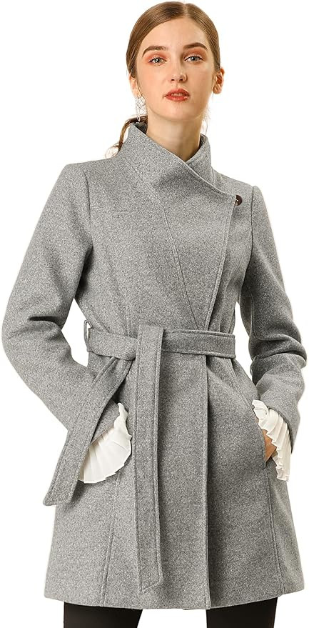 Allegra K Women's Classic Stand Collar Long Sleeve Winter Belted Long Coat | Amazon (US)