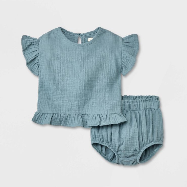 Grayson Collective Baby Girls' Gauze Ruffle Short Sleeve Top & Bottom Set - Blue | Target