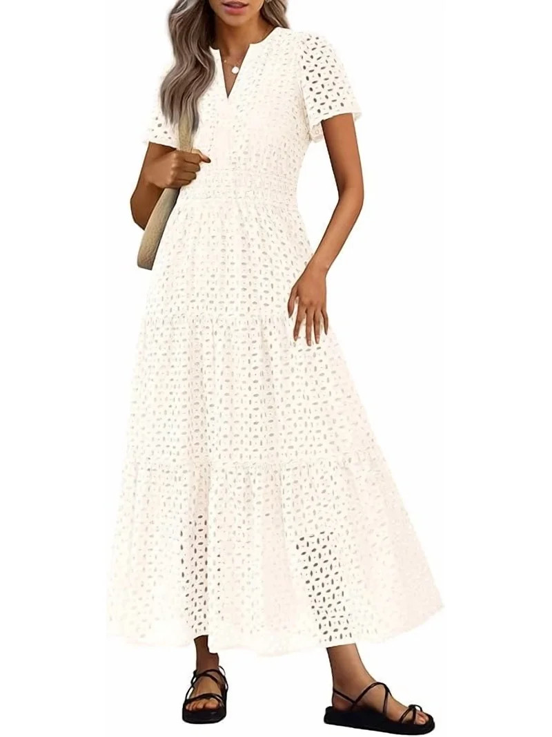 PRETTYGARDEN Womens Summer Maxi Dress Short Sleeve V Neck Hollow Out Eyelet A Line Long Flowy Bea... | Walmart (US)