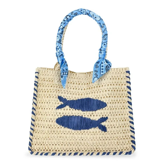No Boundaries Women's Beach Icons Mini Straw Tote Bag, Light Natural with Fish Embroidery | Walmart (US)