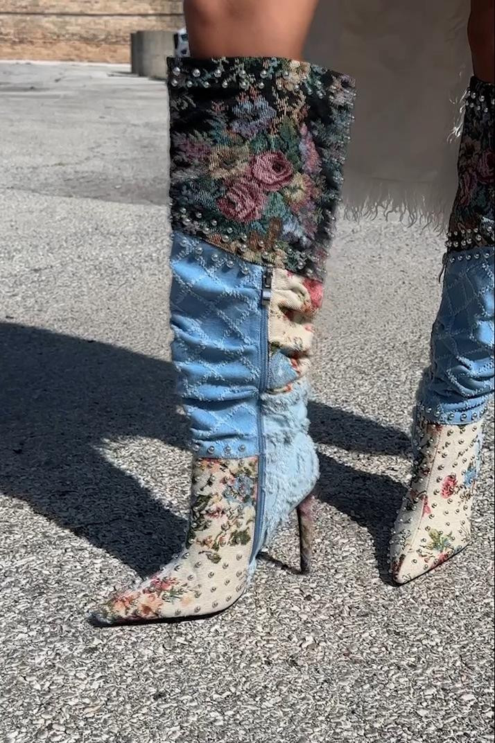 Tired of boots that blend into the rest of your outfit? The AZALEA WANG Aila Denim Multi Studded Pointed Toe Stiletto Boot combines statement denim, edgy studded detailing, a sharp pointed toe, and a sleek stiletto heel for a bold fashion moment. Perfect for birthdays, concerts, girls’ nights, festivals, date nights, or statement street style, pair them with mini dresses, shorts, skirts, or denim-on-denim looks. 

 #LTKmorningroutine #LTKvlog #LTKOver40