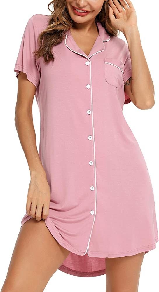 Samring Nightgown for Women Sleep Shirt Short Long Sleeve Sleepwear Boyfriend Nightshirt Button Down | Amazon (US)