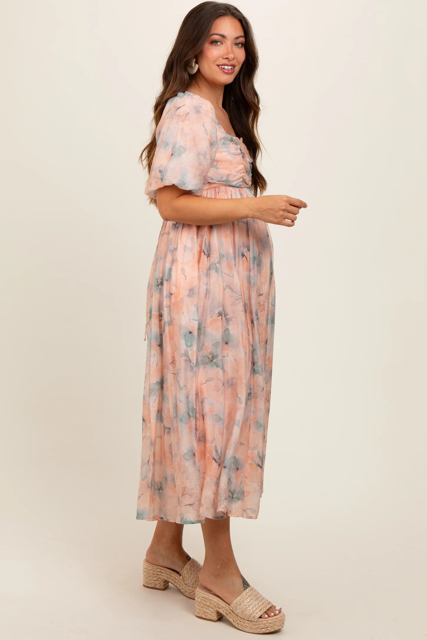 Peach Floral Square Neck Short Puff Sleeve Lace-Up Back Maternity Midi Dress | PinkBlush Maternity