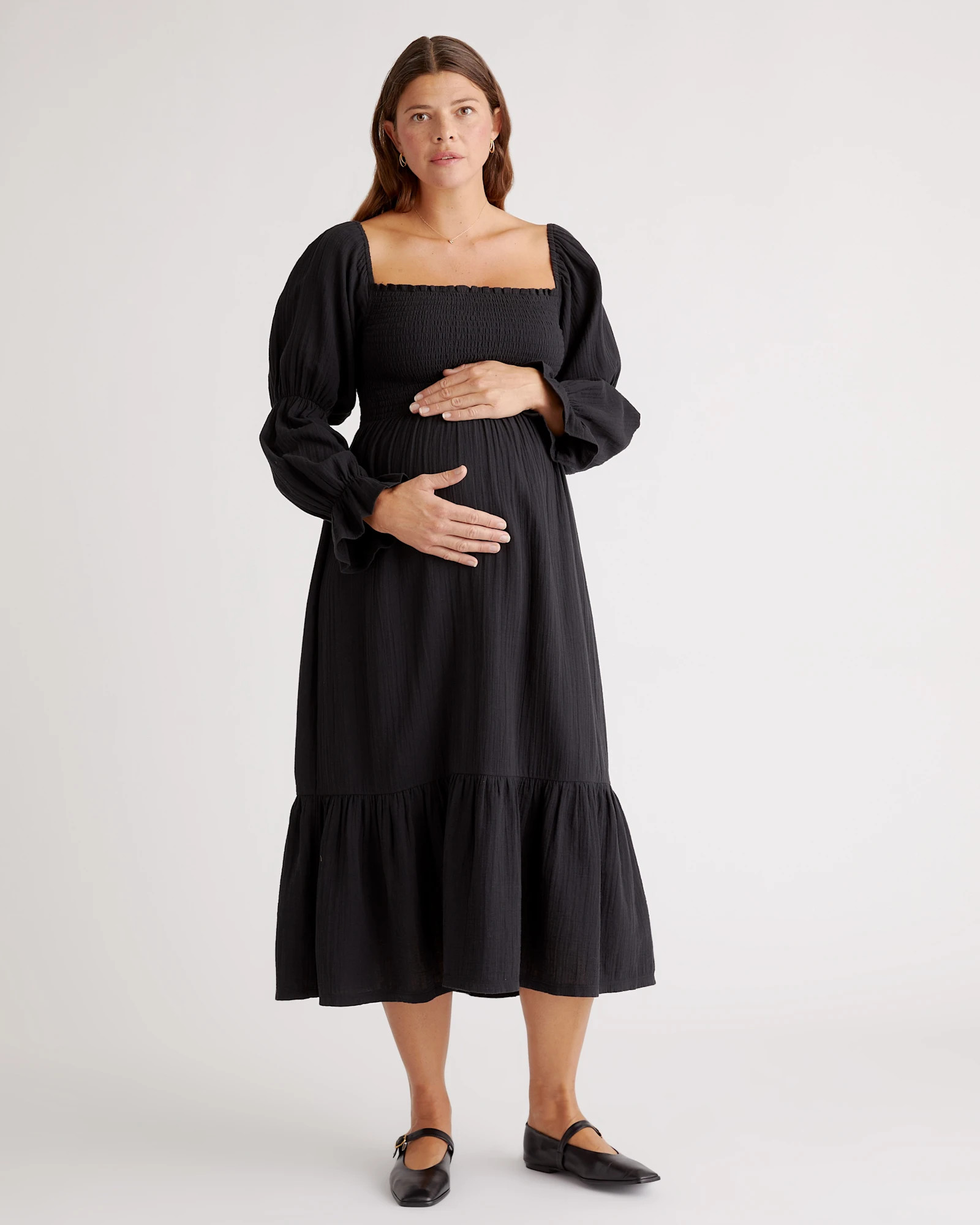 Organic Cotton Gauze Maternity Smocked Ruffle Hem Midi Dress | Quince