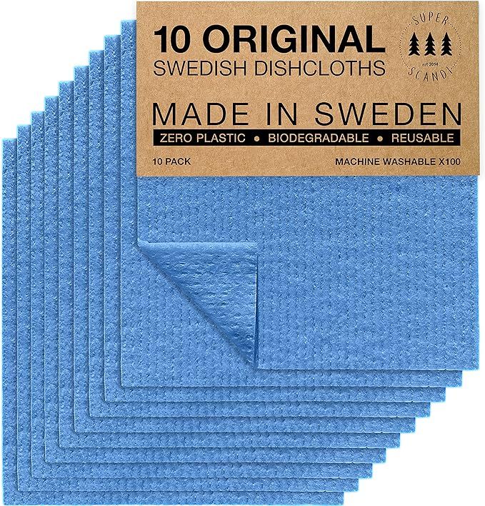 SUPERSCANDI Blue 10 Pack Swedish Dishcloths Reusable Compostable Towels Made in Sweden Cellulose ... | Amazon (US)