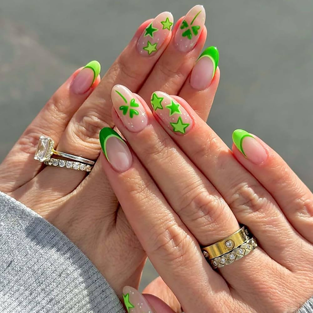 24Pcs St. Patrick's Day Press on Nails Medium Almond French Tip Fake Nails Green Shamrock False N... | Amazon (US)