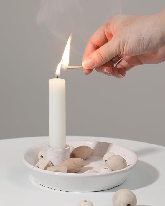 DN DECONATION White Ceramic Candle Holders, Modern Candlestick Holder with Tray, Boho Candle Hold... | Amazon (US)