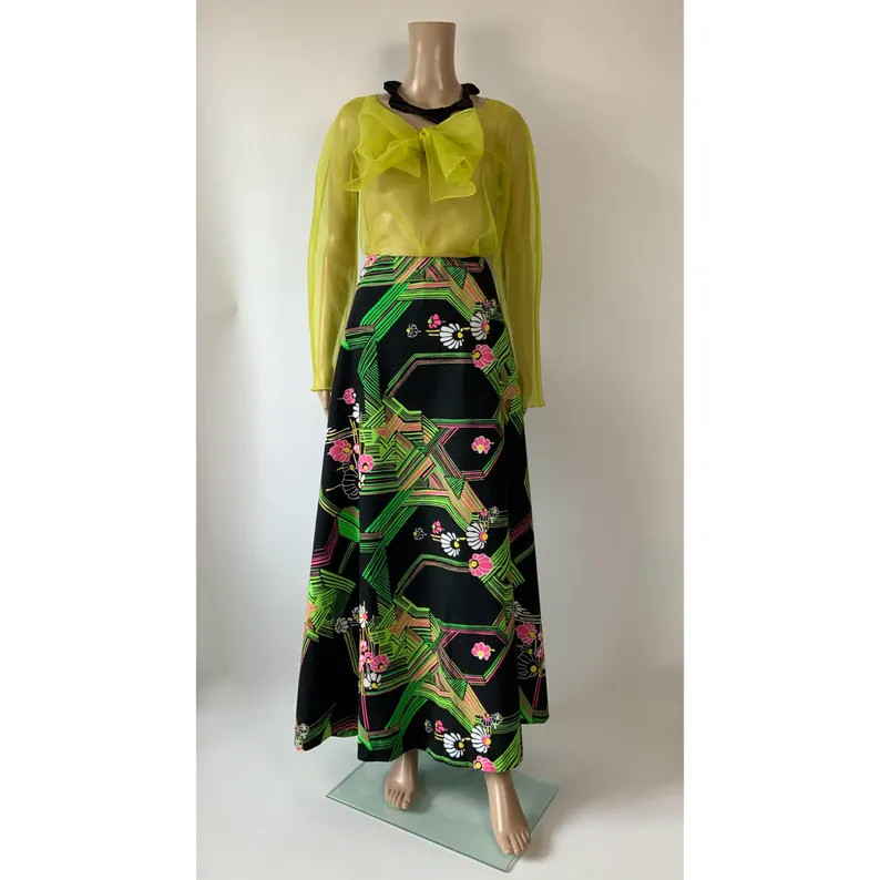 1960s Psychedelic Abstract Maxi Skirt | Vintage Neon Floral Geometric Cotton Dress | Multicolour ... | Etsy (Global)