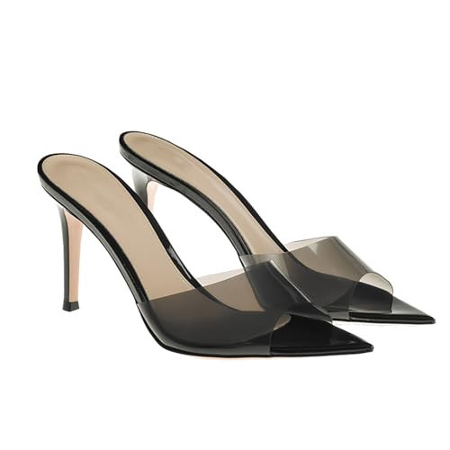 RYNKOMA Women's Clear Pointed Open Toe Stiletto Heel Slide Sandals Fashion Sexy Slip On Transparent Strap High Heels Mules Summer Backless Party Wedding Prom Dress Shoes (Black,5) | Amazon (US)