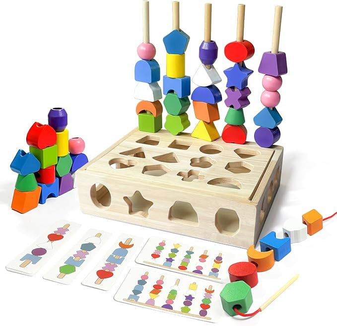 Montessori Wooden Beads Sequencing Toy Set, 3 in 1 Wooden Color Shape Sorters Toys, Lacing Beads ... | Amazon (US)