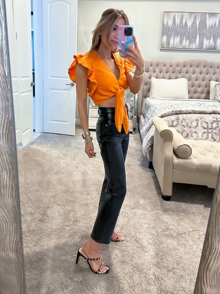 Black faux leather and Jean combo pants size 24 short, orange cropped top size xxs use code AFBELBEL 
Vacation outfit, resort wear 

#LTKsalealert #LTKunder50 #LTKunder100