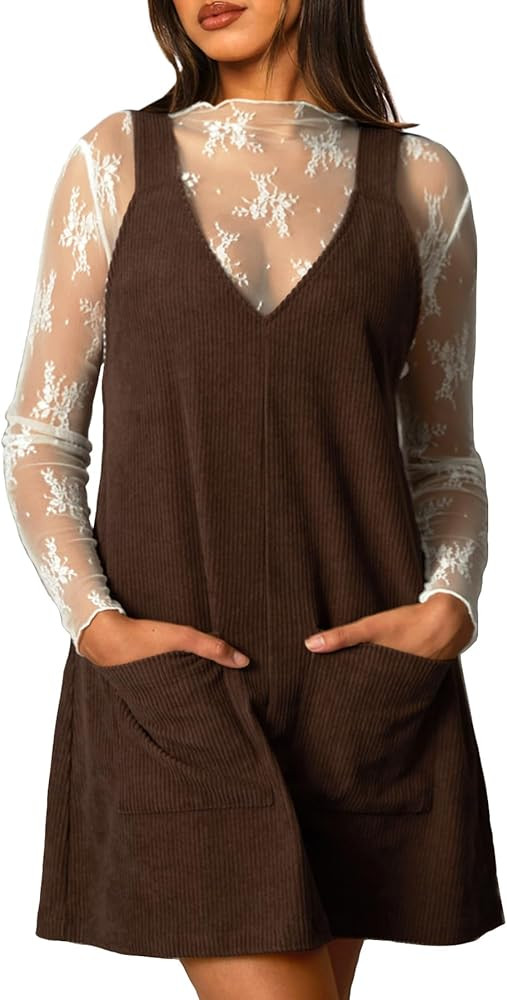 Navneet Corduroy Overall Dress for Women V Neck Sleeveless Pinafore Jumper Mini Dress with Pocket... | Amazon (US)