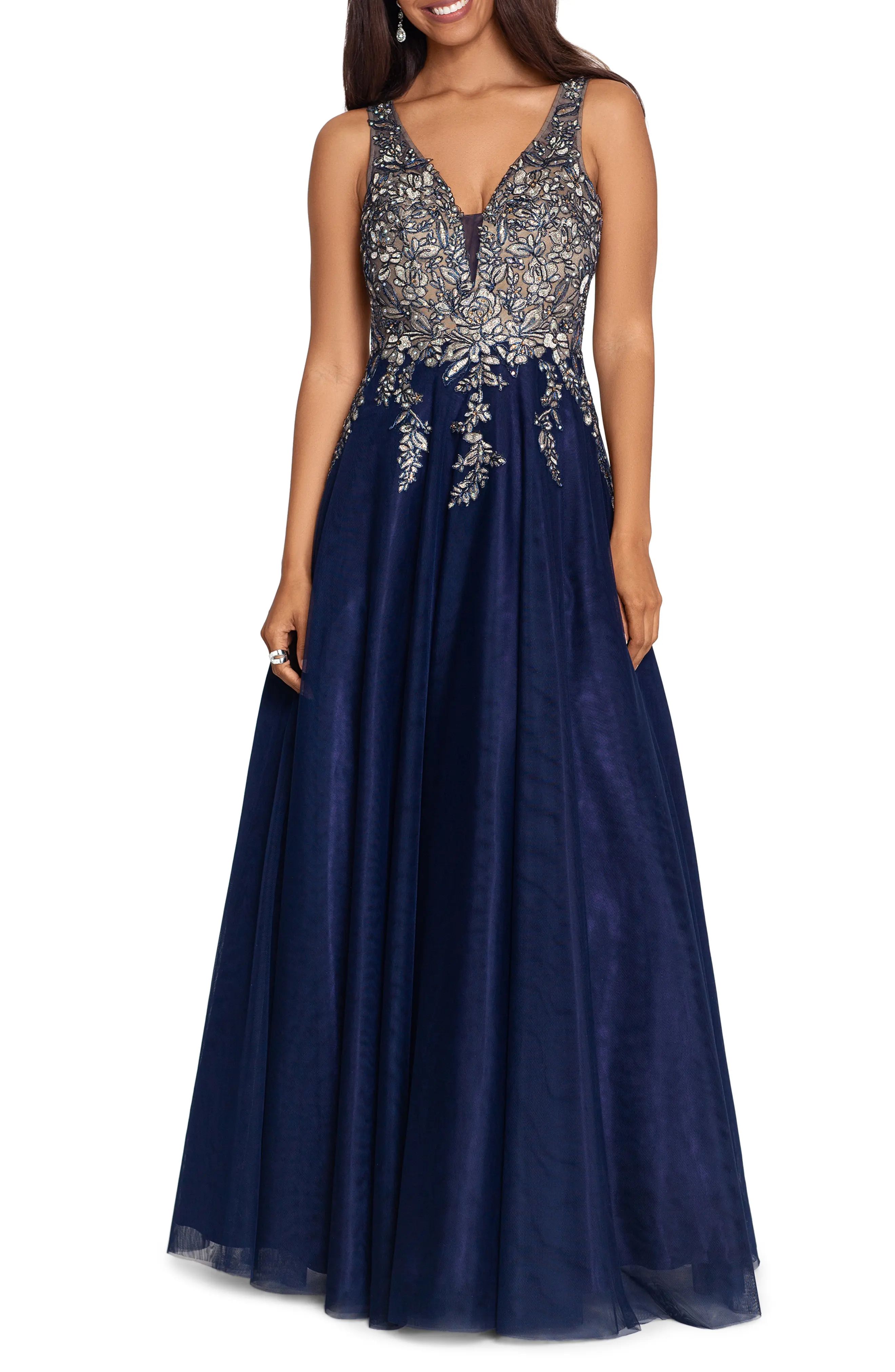 Xscape Embroidered Bodice A-Line Gown in Navy/Gold at Nordstrom, Size 4 | Nordstrom