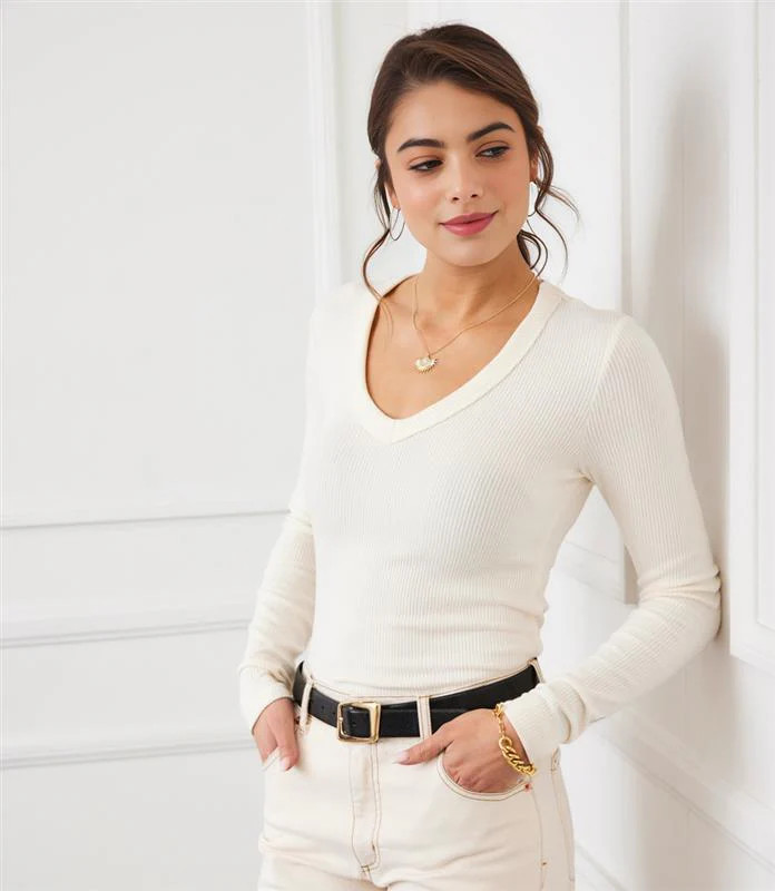 Karen Kane Women's Long Sleeve Ribbed V-Neck Top, Large, L, Dark Cream, Viscose/Spandex | Karen Kane