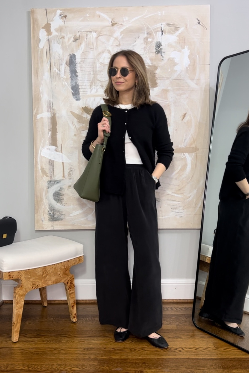 Black silk pants Splendid code KELLY20 
White tank top target
Sezane Gaspard cardigan 
Black ballet flats
Parisa Wang olive tote bag 
Jenny bird round sunglasses 
Great travel outfit 

#LTKtravel #LTKstyletip