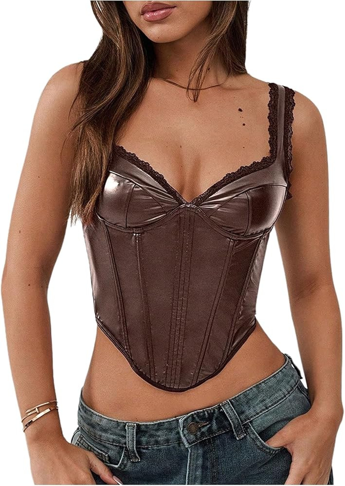 Floerns Women's Leather Sleeveless Crop Cami Top Asymmetrical Hem Retro Corset Top | Amazon (US)