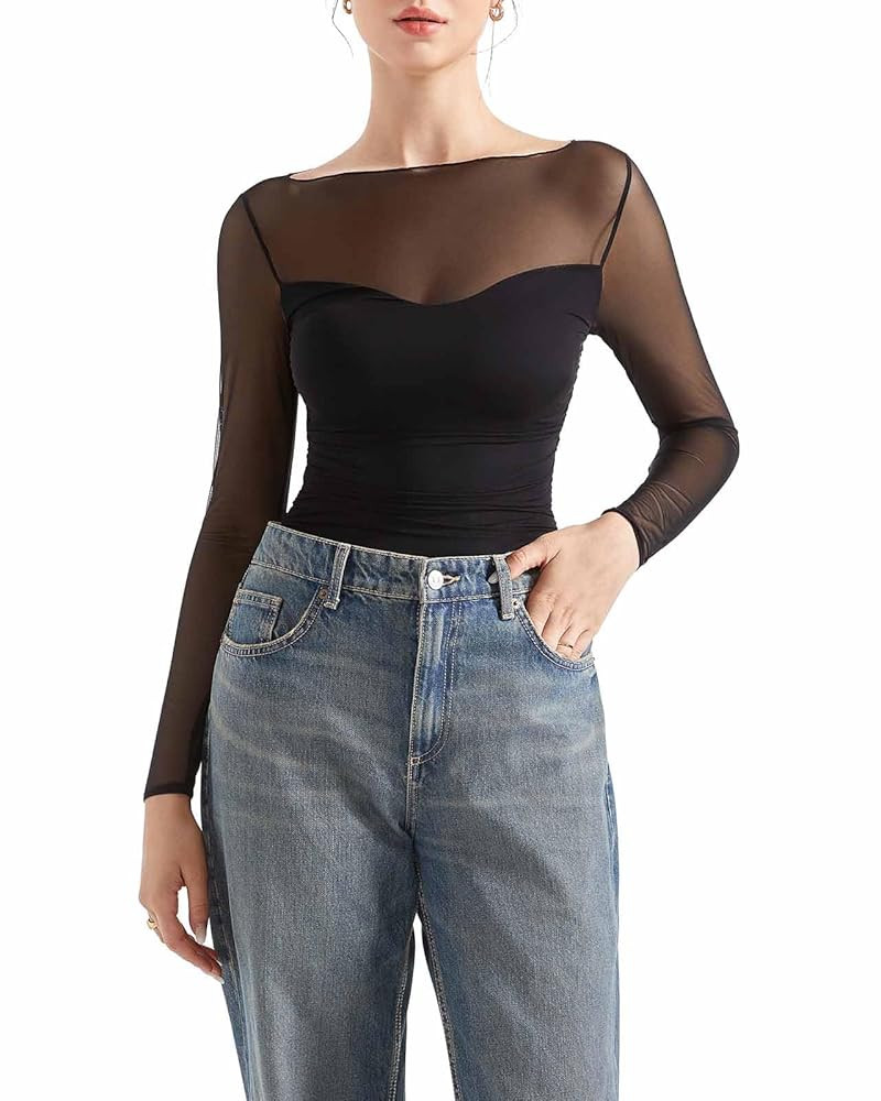 SUUKSESS Women Double Line Mesh Sheer Crop Tank Tops Boat Neck Long Sleeve Shirts | Amazon (US)