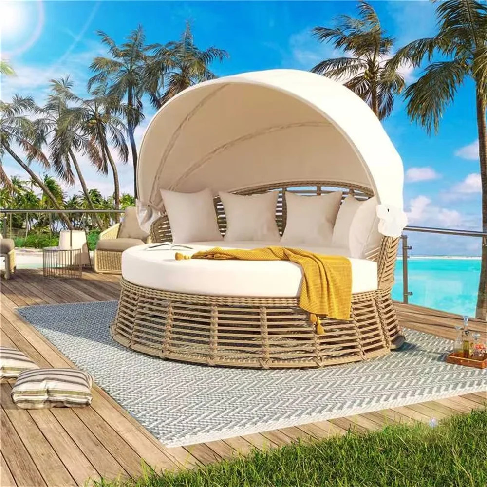Outdoor Daybed Set with Retractable Canopy, PE Wicker Furniture Round Poolside Sofa Sunbed with R... | Walmart (US)